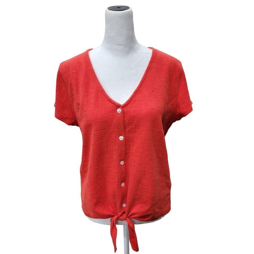 J. Crew Women's Textured Tie Front Top Size Medium Red Button Front V Neck